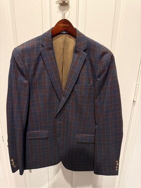Sand  Blue and Brown Plaid Sport Coat - Tailored Notch Lapel